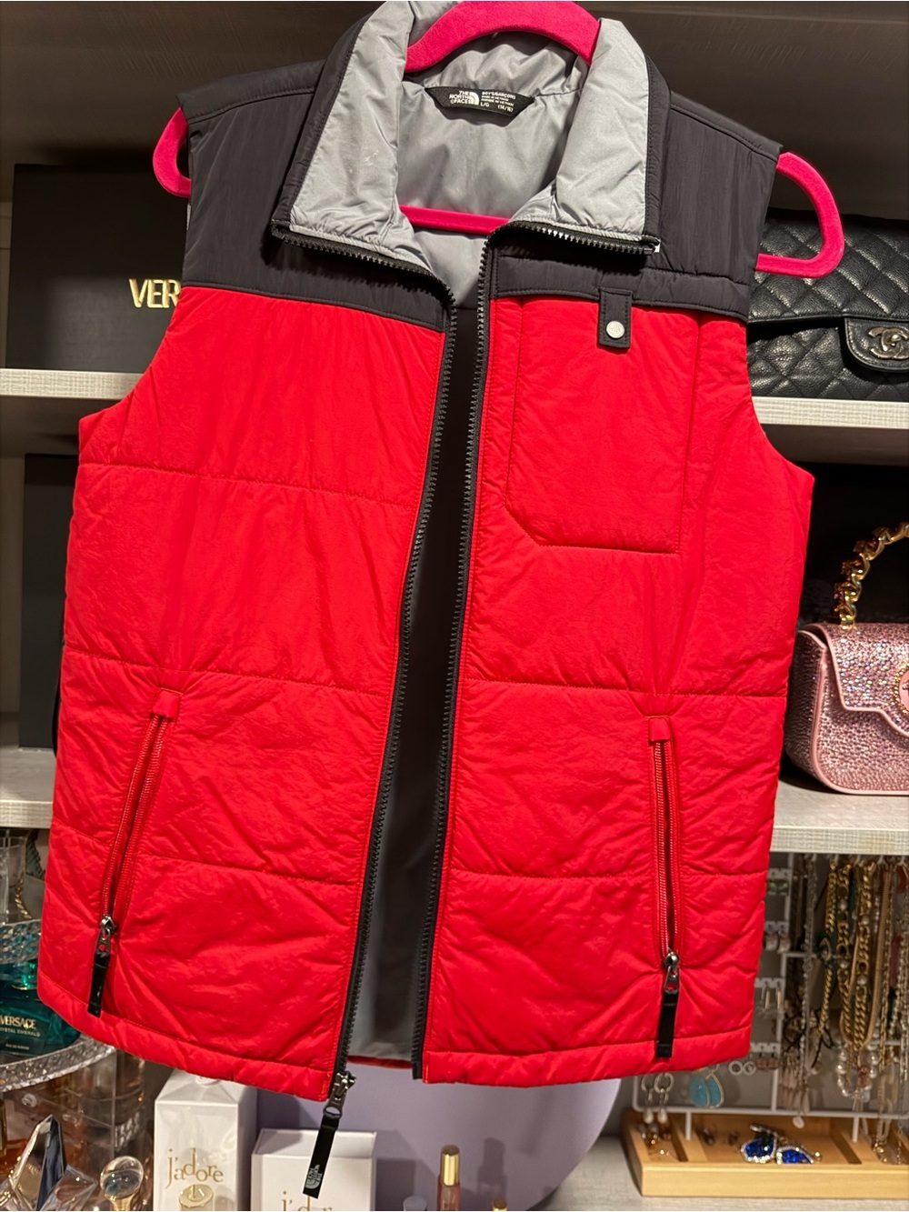 The North Face Red and Black Quilted Puffer Vest